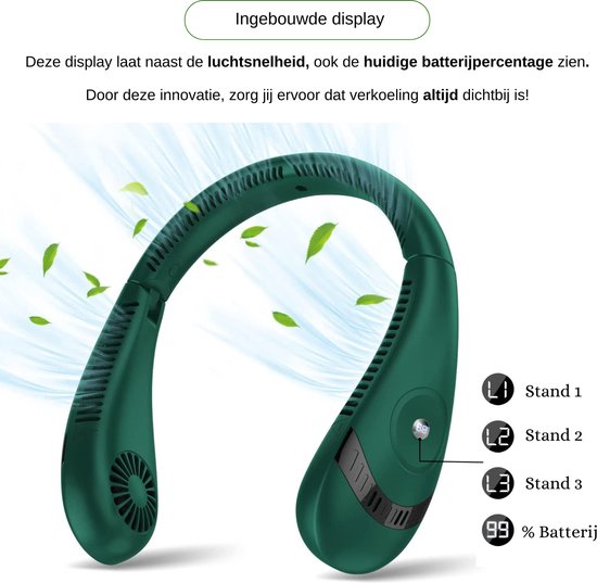 Nekventilator Deluxe Groen– Draadloos & Oplaadbaar – 5000mAh Batterij – LED Display – 5 Standen