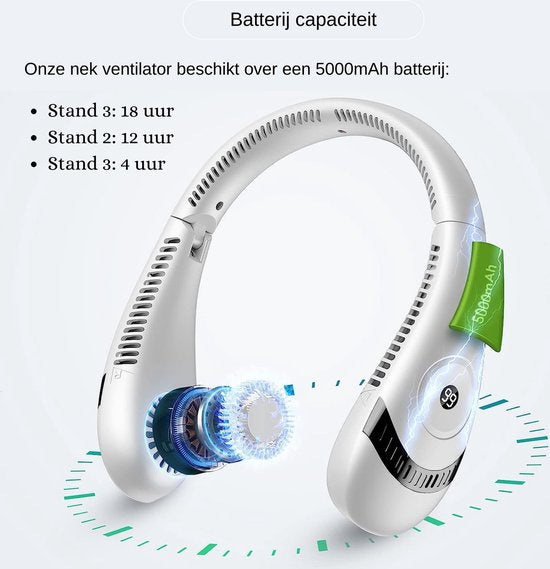 Nekventilator Deluxe Blauw – Draadloos & Oplaadbaar – 5000mAh Batterij – LED Display – 5 Standen